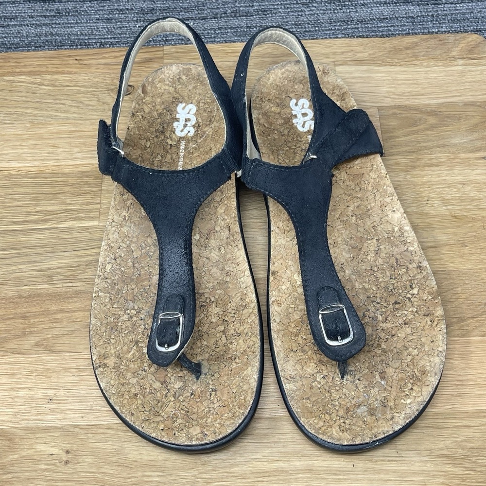 SAS Marina Sandals Womens 9.5 W Black Leather T-Strap Wide Cork Bed Thong Shoes‎
